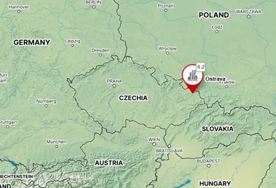 Map showing the strategic location of Ostrava in Central Europe relative to Prague, Vienna, and Krakow